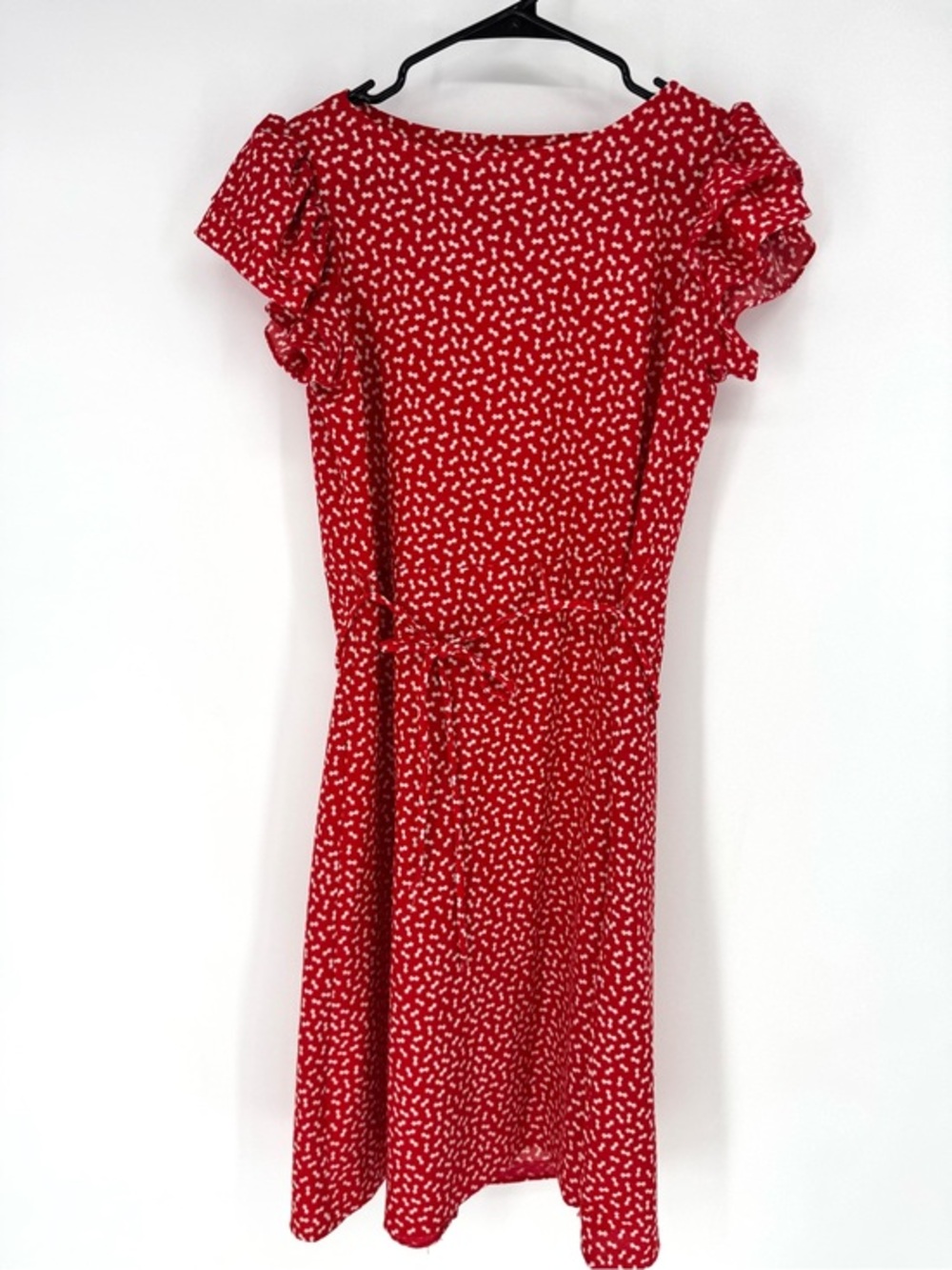 Red dress with white bow Print Mini Dress with Ruffle Sleeves